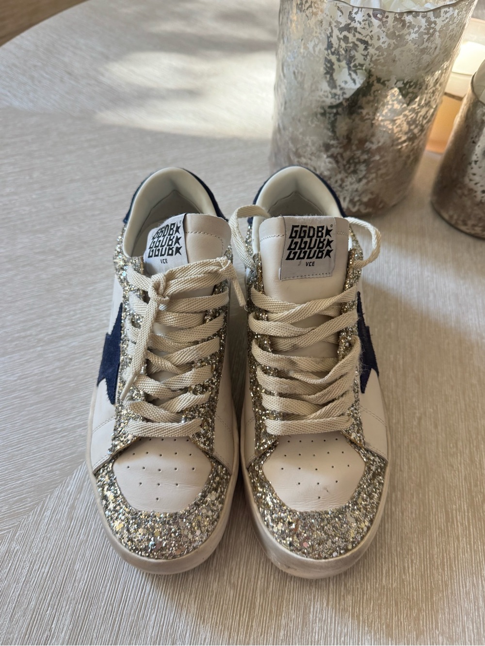 Golden Goose Leather Sneakers with Silver Glitter & Navy Star
